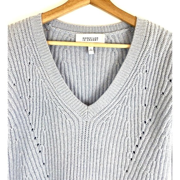Derek Lam 10 Crosby Sweater Metallic Blue Ribbed V-Neck Bubble Sleeves Small - Picture 6 of 11